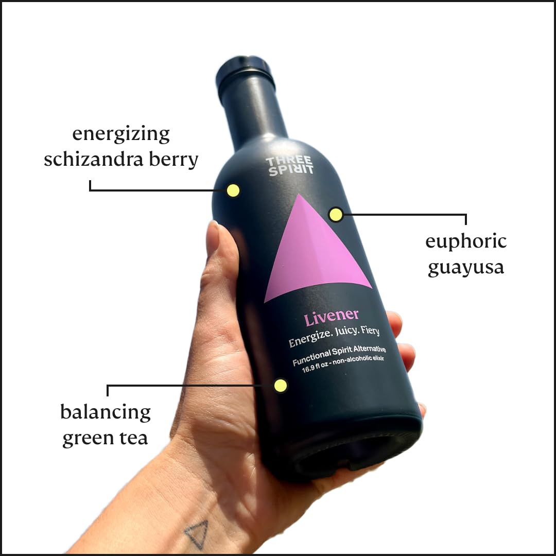 Three Spirit Non-Alcoholic Alternative Spirit- The Livener, 50cl | Energizing with Natural Caffeine, ADAPTOGENS & Watermelon & Ginger | Multi-Award Winning Active botanical, Gluten Free & Vegan Drinks