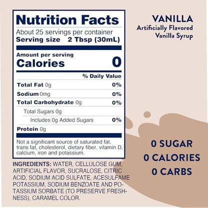 Jordan's Skinny Syrups Sugar Free Coffee Syrup, Vanilla Flavor Drink Mix, Zero Calorie Flavoring for Chai Latte, Protein Shake, Food and More, Gluten Free, Keto Friendly, 25.4 Fl Oz, 1 Pack
