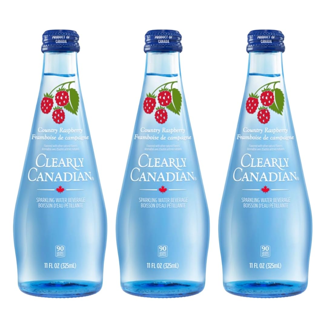 Clearly Canadian Sparkling Water Country Raspberry – (11 fl oz) Glass Bottle – Single Serve Raspberry Sparkling Water Beverage – Alternative to Seltzer and Soda – Pack of 3