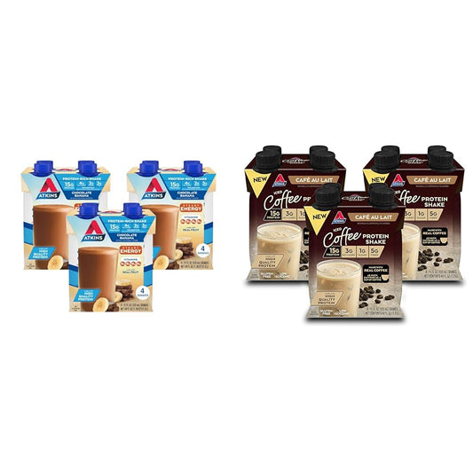Atkins Protein Shake Bundle: Chocolate Banana, 15g Protein, 12 Count + Café au Lait Iced Coffee, 15g Protein, 4 Count (Pack of 3)