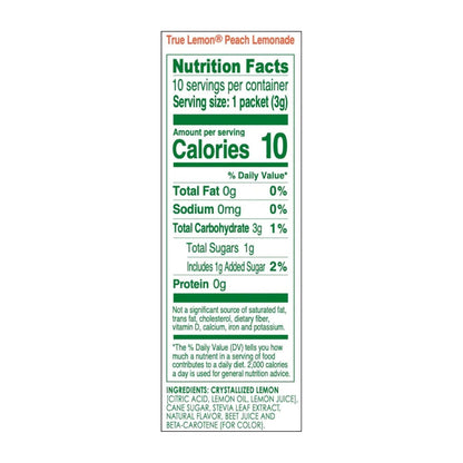 True Lemon Peach Lemonade 10ct (Pack of 1) - Drink Mix - No Artificial Sweeteners, Low Calorie - Powdered Drink Mixes & Flavors - Water Flavor Packets & Water Enhancer with Stevia