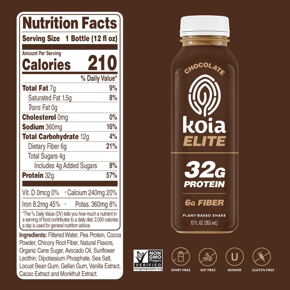 Koia Elite - Chocolate - 32g Protein - Ready To Drink Plant Protein Shake - Low Sugar, Dairy Free, Gluten Free, Soy Free, Non GMO, Kosher, Vegan (12 Fl Oz)