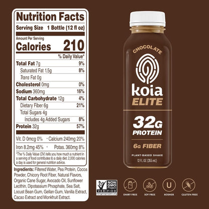 Koia Elite - Chocolate - 32g Protein - Ready To Drink Plant Protein Shake - Low Sugar, Dairy Free, Gluten Free, Soy Free, Non GMO, Kosher, Vegan (12 Fl Oz)