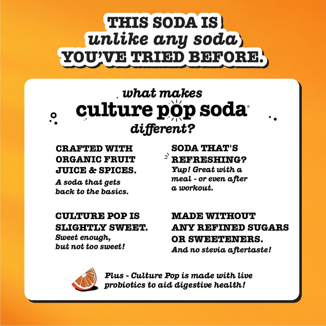 Culture Pop Soda, Orange Mango & Lime, Probiotic Low Sugar Soda, Sparkling Juice Alternative, Non-GMO, Kosher, Gluten-Free, No Stevia (Multipack, 12ct, 144 fl oz)