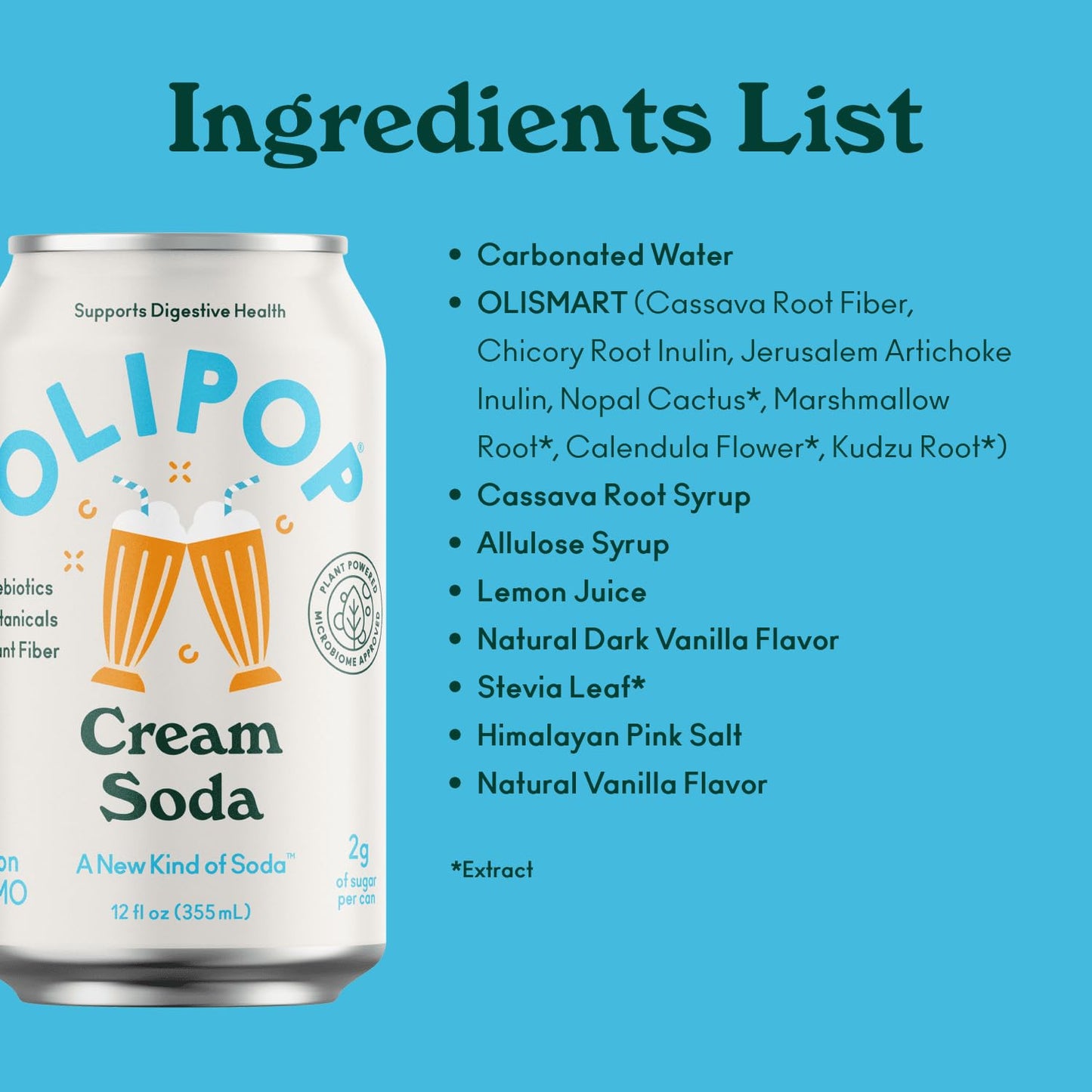 OLIPOP - Cream Soda Sparkling Tonic, Healthy Soda, Prebiotic Soft Drink, Aids Digestive Health & Immune Health, High in Plant Fiber, Caffeine Free, Low Calorie, Low Sugar 12 oz