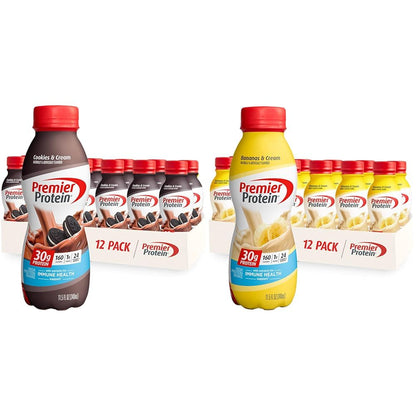 Premier Protein Shake Cookies & Cream and Bananas & Cream, 30g Protein, 1g Sugar, 24 Vitamins & Minerals, 12 Pack Bundle