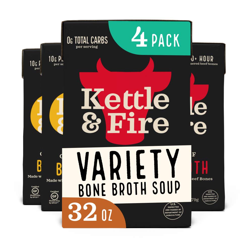 Kettle and Fire Classic Beef and Classic Chicken Beef Bone Broth Variety Pack, Keto, Paleo, and Whole 30 Approved, Gluten Free, High in Protein and Collagen, 4 Pack (32 Ounces)