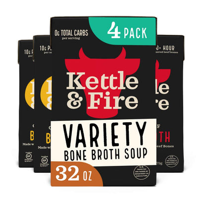 Kettle and Fire Classic Beef and Classic Chicken Beef Bone Broth Variety Pack, Keto, Paleo, and Whole 30 Approved, Gluten Free, High in Protein and Collagen, 4 Pack (32 Ounces)