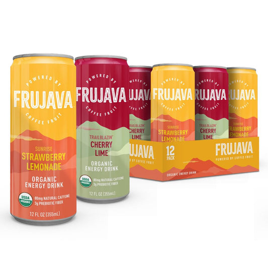Frujava Organic Energy Drink Variety Pack, Cherry Lime & Strawberry Lemonade, 80mg Natural Caffeine, 3g Prebiotic Fiber, 12oz Can, Powered by Coffee Fruit, Organic, Low Calorie, Adventure Energy (Pack of 12)