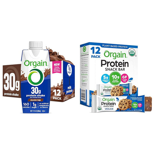 Orgain 30g High Protein Shake Chocolate Fudge, 11 Fl Oz (Pack of 12) + Orgain Organic Vegan Protein Bars, Chocolate Chip Cookie Dough - 10g Plant Based Protein, 1.41 Oz (Pack of 12) Bundle