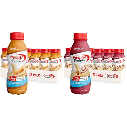 Premier Protein Shake 30g Protein, 1g Sugar, 24 Vitamins & Minerals, Caramel and Cinnamon Roll Flavors, 11.5 oz Bottle, 12 Pack