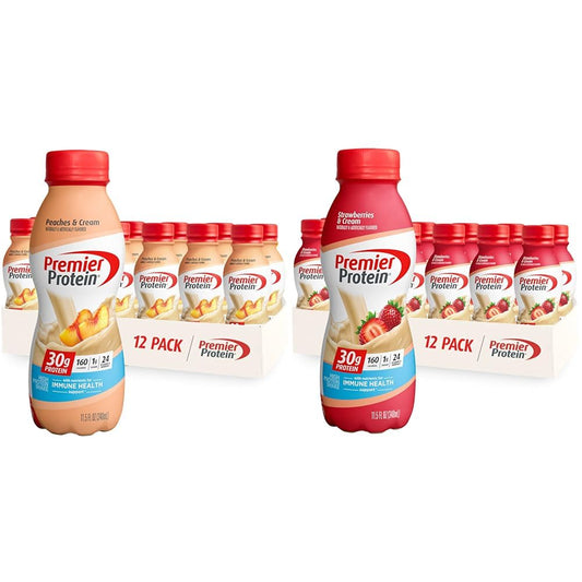 Premier Protein Shake 30g Protein 24 Vitamins Minerals 11.5oz Bottle Peaches & Cream Strawberries 12 Pack Bundle