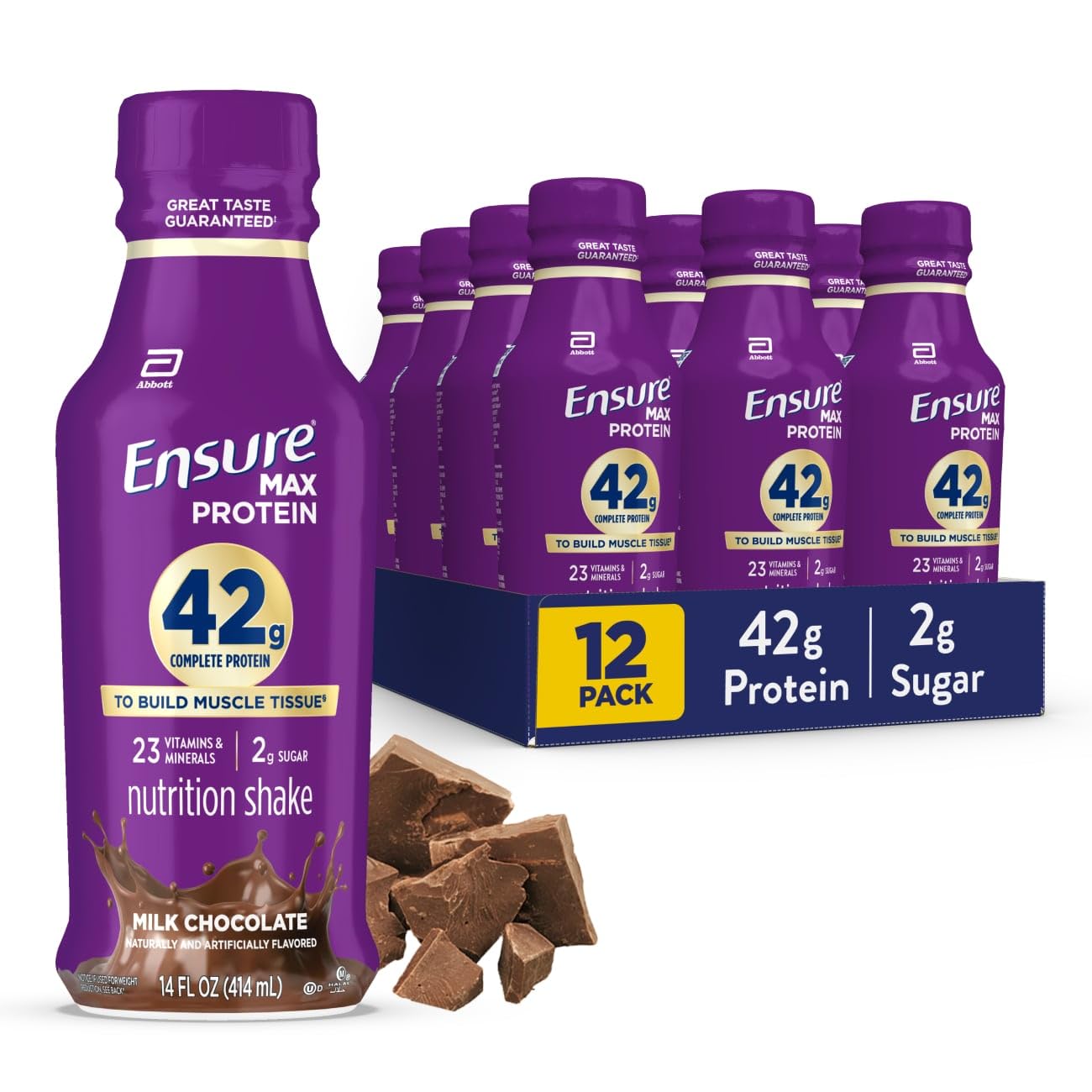 Ensure Max Protein Shake | 42g Complete Protein | Milk Chocolate | Ready to Drink | High Protein | 23 Vitamins & Minerals | 2g Sugar | 14 fl oz, 12 Pack