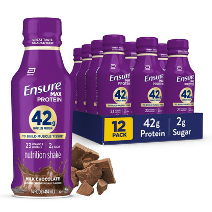 Ensure Max Protein Shake | 42g Complete Protein | Milk Chocolate | Ready to Drink | High Protein | 23 Vitamins & Minerals | 2g Sugar | 14 fl oz, 12 Pack