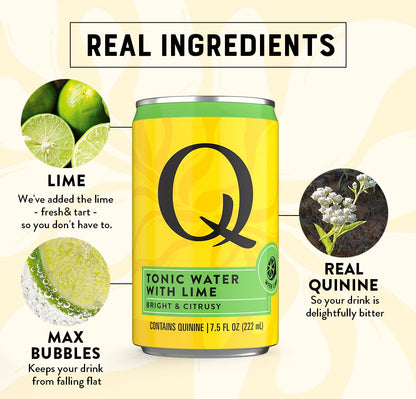 Q MIXERS TONIC WATER with LIME - Real Quinine & Lime Extract - Ideal for Cocktails & Mocktails - Made with Real Ingredients, Perfectly Carbonated & Lightly Sweet - 7.5 Fl oz (Pack of 24)