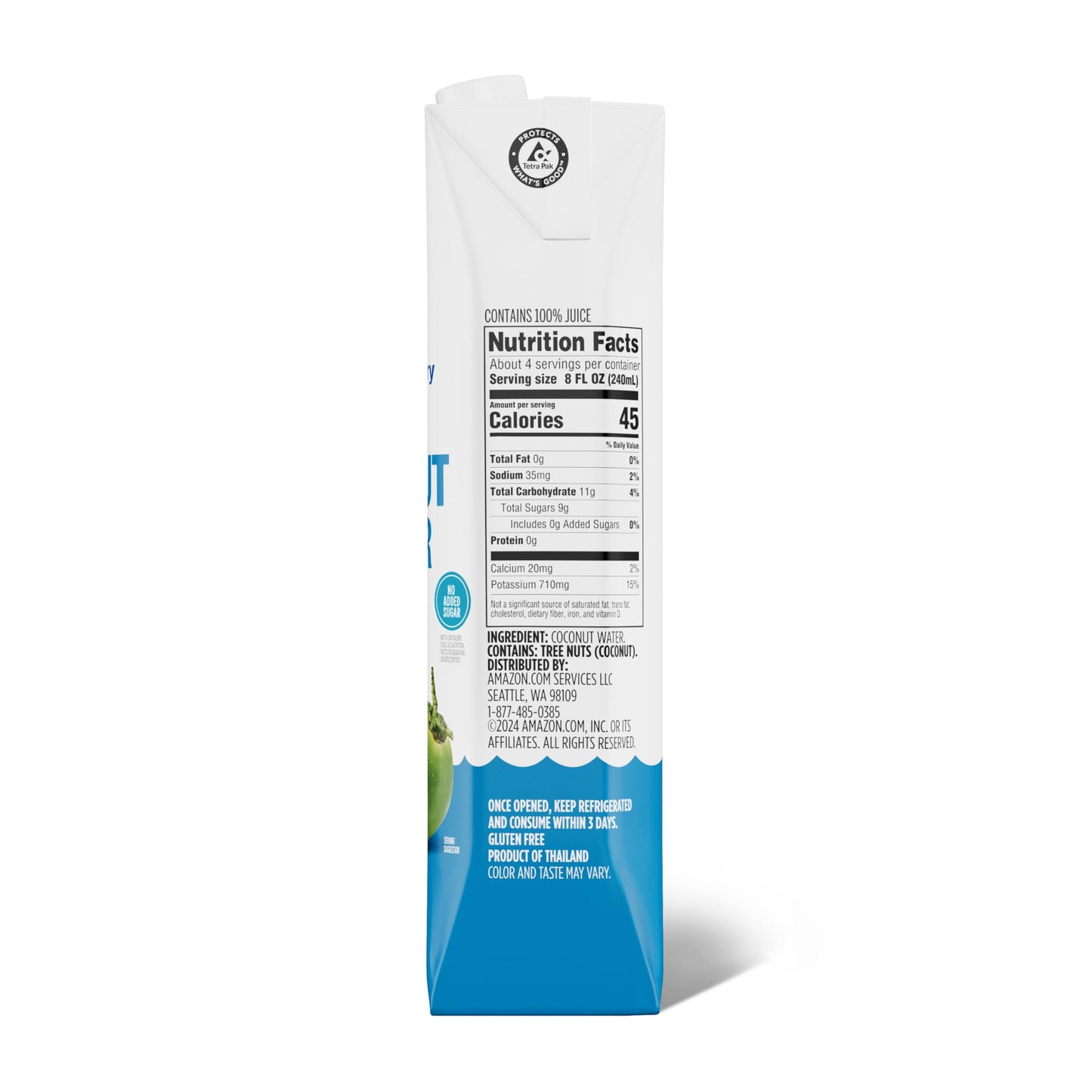 Amazon Fresh, 100% Pure Coconut Water Original, Not from Concentrate, 33.8 Fl Oz