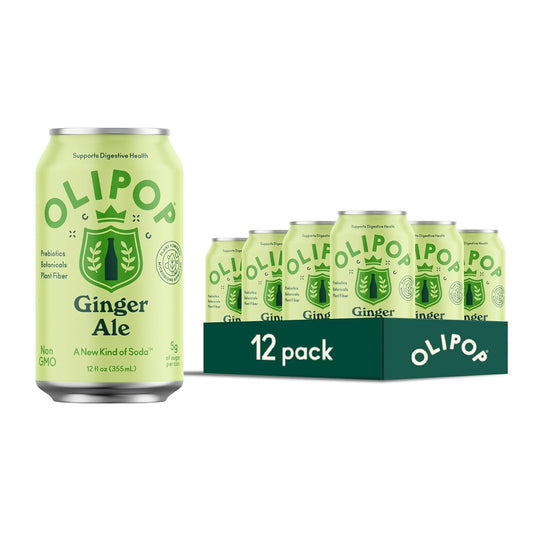 OLIPOP Prebiotic Soda Pop, Ginger Ale, Pantry Pack Packed with Prebiotics, Fiber, and Botanicals, Gluten Free, GMO Free, 12oz (12-Cans)