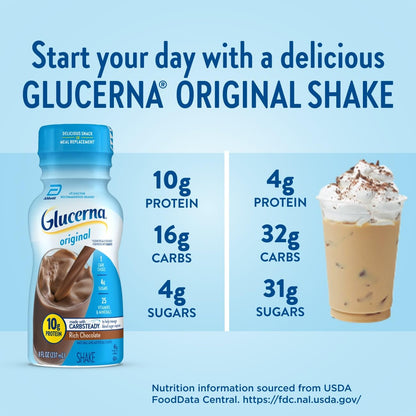 Glucerna Original Diabetes Care Shake, Rich Chocolate, Diabetic Meal Replacement to Support Blood Sugar Management, 10g Protein, 180 Calories, Ready to Drink, 8-fl-oz Bottle, 6 Pack
