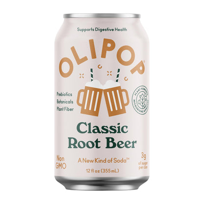 OLIPOP Prebiotic Soda Pop, Classic Root Beer, Prebiotics, Botanicals, Plant Fiber, 12 fl oz (4 Cans)