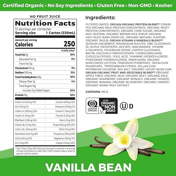 Orgain Organic Nutritional Shake, Vanilla Bean + Strawberries & Cream, 11 Fl Oz (Pack of 12)