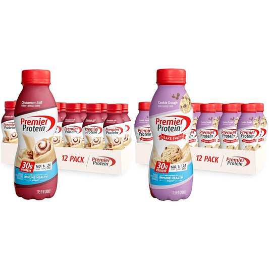 Premier Protein Shake Bundle, 30g Protein, 1g Sugar, 24 Vitamins&Minerals, Cinnamon Roll and Cookie Dough Flavors, Pack of 12, 11.5oz Bottles