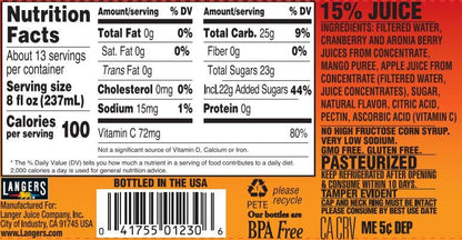 Langers Cranberry Mango Juice Cocktail, 3L (Pack of 4), 101.4 Fl Oz (Pack of 4)