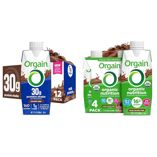 Orgain 30g High Protein Shake Chocolate Fudge 11 Fl Oz (Pack of 12) + Orgain Organic Nutritional Shake Chocolate Shake 11 Fl Oz (Pack of 4) Bundle