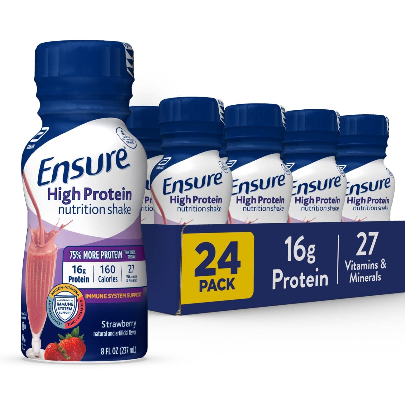 Ensure Liquid Clear Nutrition Drink, 0g fat, 8g of protein, Blueberry Pomegranate, 10 Fl Oz (Pack of 12), Bottle, gluten free & Ensure High Protein Strawberry Nutrition Shake, 24 Pack