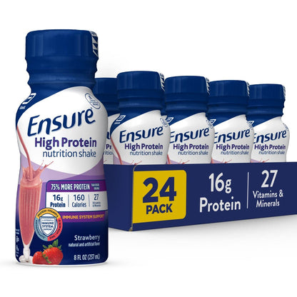 Ensure Liquid Clear Nutrition Drink, 0g fat, 8g of protein, Blueberry Pomegranate, 10 Fl Oz (Pack of 12), Bottle, gluten free & Ensure High Protein Strawberry Nutrition Shake, 24 Pack
