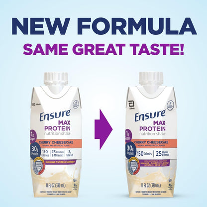 Ensure Max Protein Nutrition Shake with 30g Protein, 1g Sugar, High Protein Shake, Creamy Strawberry & Cherry Cheesecake Flavors, 11 fl oz, (Pack of 12)