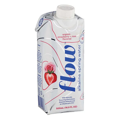 Flow Alkaline Spring Water, Organic Strawberry + Rose, 100% Naturally Alkaline, 500ml (16.9 Fl Oz)