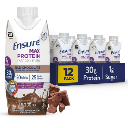 Boost Very High Calorie Chocolate Nutritional Drink 530 Calorie (Pack of 24) and Ensure Max Protein Milk Chocolate Nutrition Shake 30g Protein (Pack of 12)