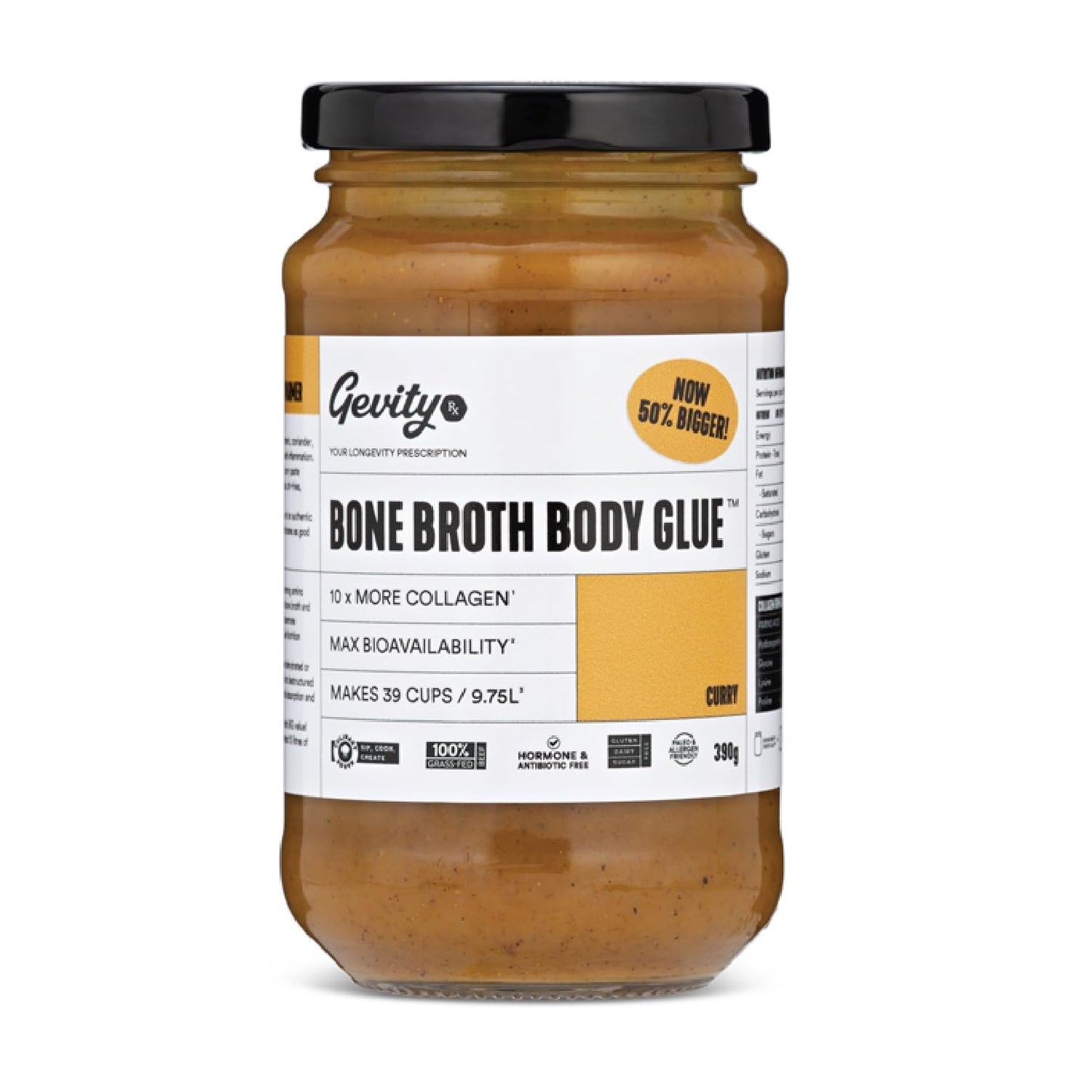 Gevity Rx Bone Broth Body Glue ® - CURRY - Bone Broth - Concentrate - 10x more collagen* - 39 servings - Sip, Cook, Create - 100% Grass Fed Beef Bones- 9.75 Litres, 329 Fl. Oz.