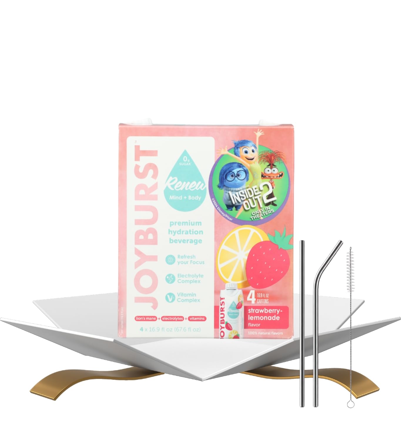 Strawberry Lemon Hydration Drink 67.6FO — Bundle with Reusable Straw — Hyburst Beverage with Vitamins & Lion’s Mane for Refreshing Hydration Gift Set (2 Items)