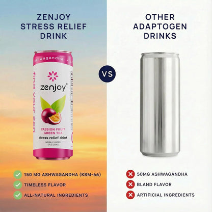 Zenjoy Stress Relief Drink, Calming Green Tea, Non Alcoholic, Ashwagandha & Lemon Balm for Stress Relief, L - Theanine for Focus (12 Pack) (Passion Fruit)