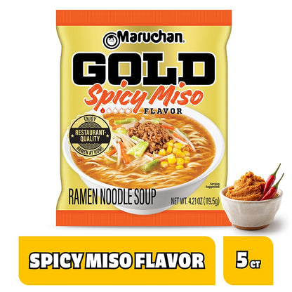 Maruchan Gold Ramen Noodle Soup, Spicy Miso Flavor – Restaurant Quality Japanese-Style Instant Noodles, Quick & Easy Meal – 4.21 Oz. (5 Pack)