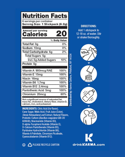 Karma Probiotic Hydration Packet - 6 Pack, Blueberry Lemonade Powder Drink Mix Stick - On-The-Go Immune & Gut Health Support