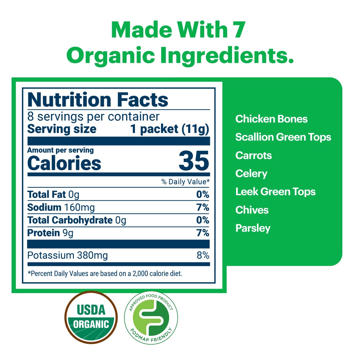 Gourmend Organic Instant Freeze Dried Chicken Bone Broth Powder – Just 7 Ingredients, Low FODMAP Certified, Filler Free, Gluten Free, Non-GMO, Onion & Garlic Bulb Free | 9g Protein | 8 Single Serve Packets