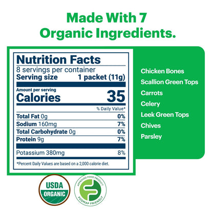 Gourmend Organic Instant Freeze Dried Chicken Bone Broth Powder – Just 7 Ingredients, Low FODMAP Certified, Filler Free, Gluten Free, Non-GMO, Onion & Garlic Bulb Free | 9g Protein | 8 Single Serve Packets