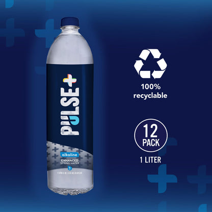 Pulse+ Alkaline Water - Naturally Filtered Spring Water in 1 Liter PET Plastic Bottles, Recyclable and BPA-Free - Case of 24