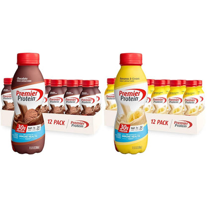 Premier Protein Shake Chocolate 30g Protein 12 Pack + Bananas & Cream 30g Protein 12 Pack
