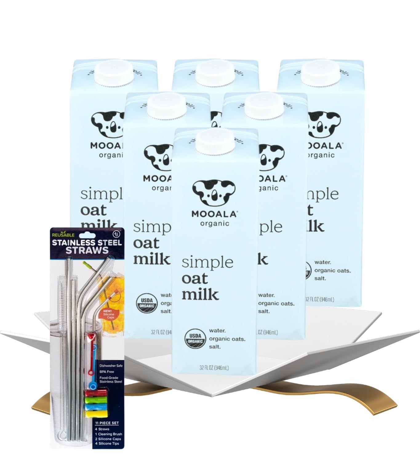 6x Mooala Oat Milk Organic Simple 32 FO Bundle with Stainless Steel Drinking Straws – Organic Oatmilk with Himalayan Salt for Smooth, Creamy Drinks and Recipes — Gift Set (7 Items)