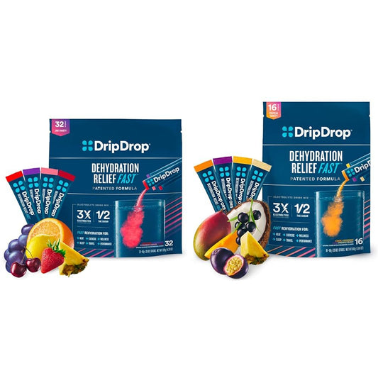 DripDrop Hydration 32-Pack Juicy Grape, Fruit Punch, Strawberry Lemonade, Cherry and 16-Pack Tropical Mango, Açaí, Passion Fruit, Pineapple Coconut Electrolyte Drink Mix Variety Packs