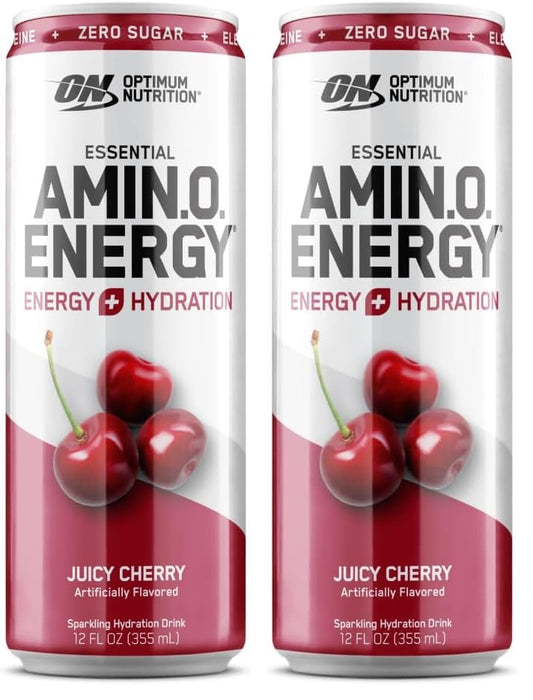 Optimum Nutrition Amino Energy Sparkling Hydration Drink, Electrolytes, Caffeine, Amino Acids, BCAAs, Sugar Free, Juicy Cherry, 12 Fl Oz, 1 count (Packaging May Vary) (Pack of 2)