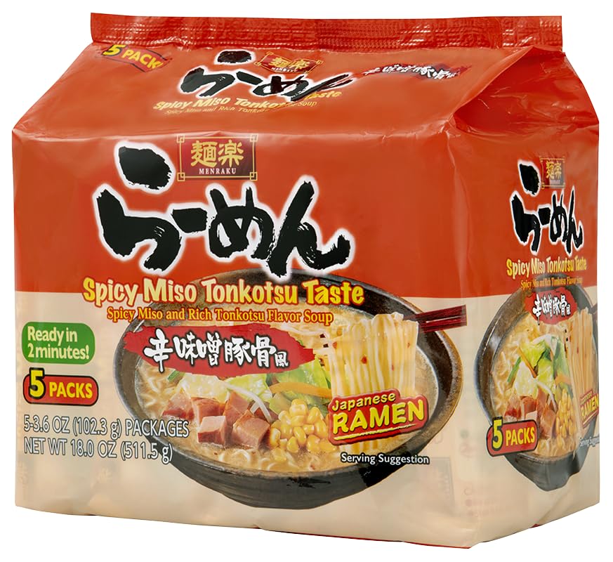 Hikari Menraku Ramen Spicy Miso Tonkotsu Japanese Instant Noodle Soup, 5 Pack, 18 Oz