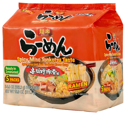 Hikari Menraku Ramen Spicy Miso Tonkotsu Japanese Instant Noodle Soup, 5 Pack, 18 Oz