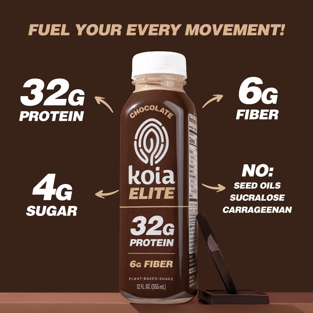 Koia Elite - Chocolate - 32g Protein - Ready To Drink Plant Protein Shake - Low Sugar, Dairy Free, Gluten Free, Soy Free, Non GMO, Kosher, Vegan (12 Fl Oz)