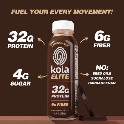 Koia Elite - Chocolate - 32g Protein - Ready To Drink Plant Protein Shake - Low Sugar, Dairy Free, Gluten Free, Soy Free, Non GMO, Kosher, Vegan (12 Fl Oz)