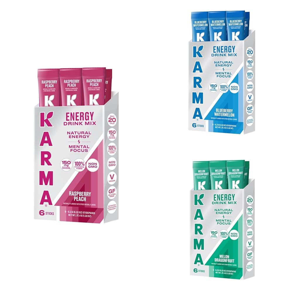 Karma Energy Hydration Packet Variety Pack – Raspberry Peach, Melon Dragonfruit & Blueberry Watermelon Drink Mix with Cognizin® Nootropics & Vitamins
