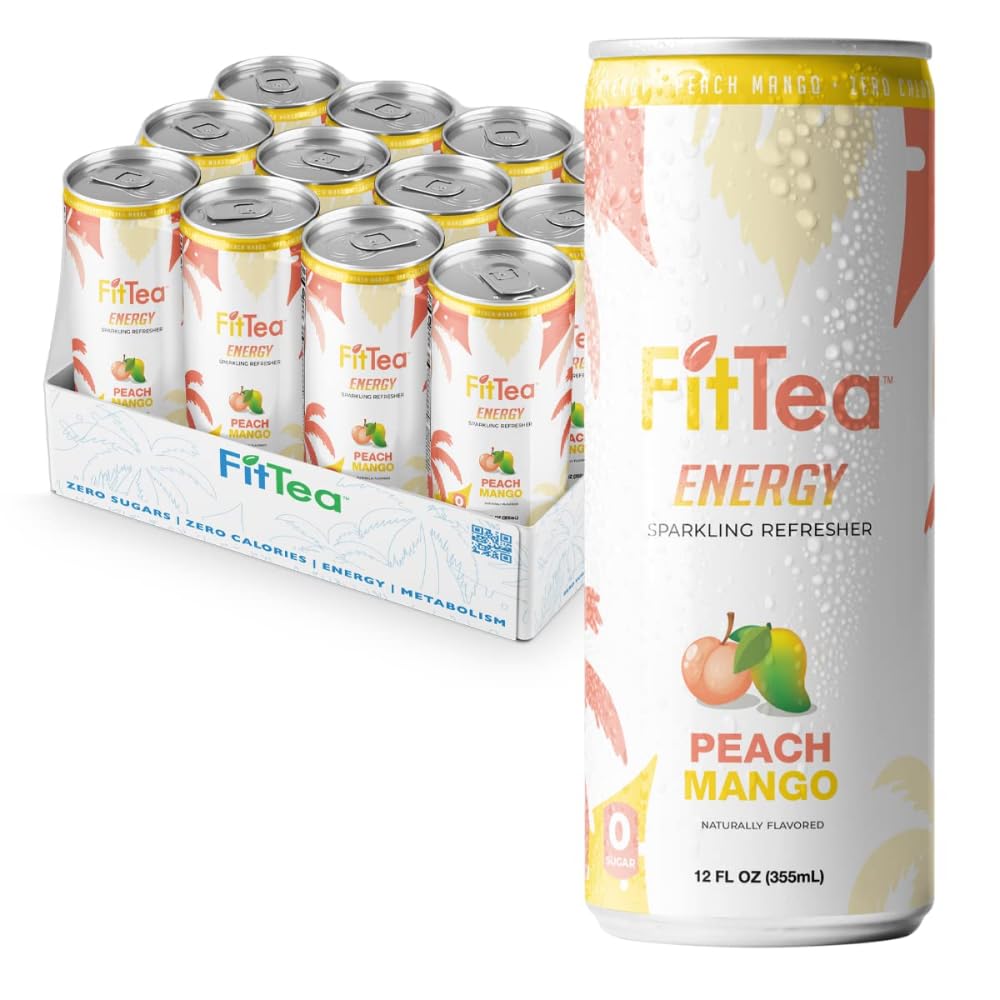 FitTea Healthy Energy Drink 12 Fl Oz - Peach Mango Pre Workout Sparkling Refresher (12 Pack) Natural Green Tea Energy Drinks Sugar Free